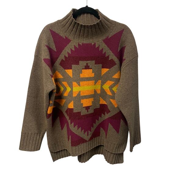 NWT Pendleton Lambswool Mock Sweater Brown Multi Southwestern Print Womens Large - Picture 1 of 8